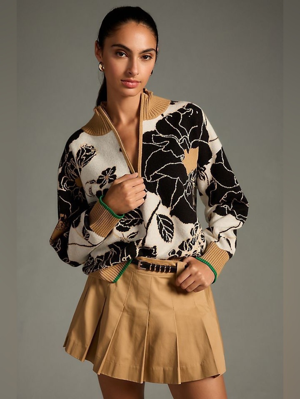 Maeve The Montana Mock Neck Sweater M Anthropologie Black Tan Floral Boxy Chunky - Picture 2 of 13